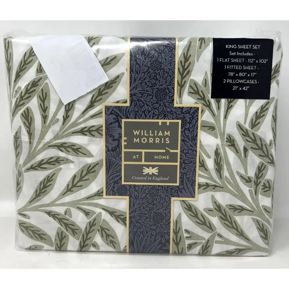 William Morris Original Willow Artichoke Green KING Cotton Percale Sheet Set NIP